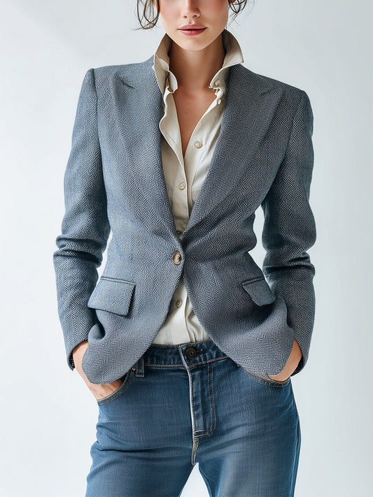 Taidalw Chic Vintage Blue Herringbone Peaked Collar Slim-Fit Single-Breasted Blazer