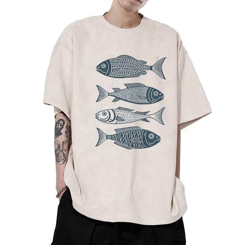 Unisex Fish That Meet And Separate Printed Washed Tee