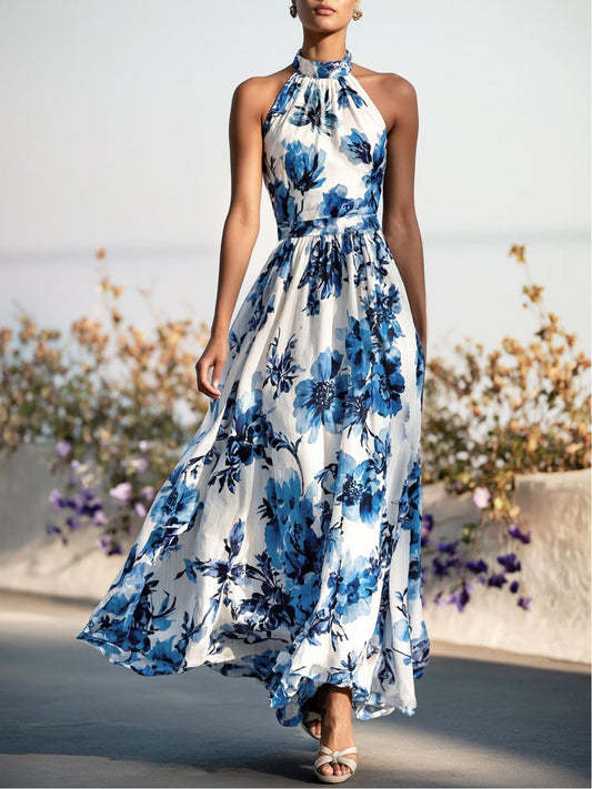 Linen Maxi Dress, Sleeveless, Halter, Floral, Vintage, White