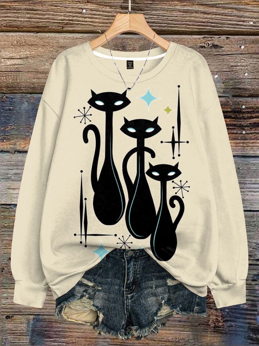 Modern Meows Atomic Age Black Kitschy Cats Art Print Casual  Sweatshirt