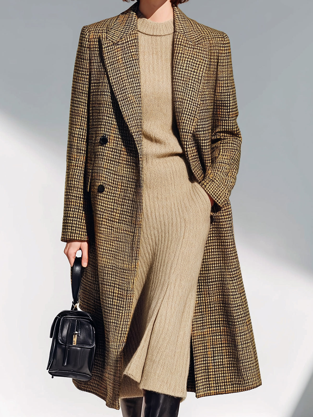 Taidalw Vintage Elegant Khaki Plaid Wool Blend Lapel Double-Breasted Long Coat