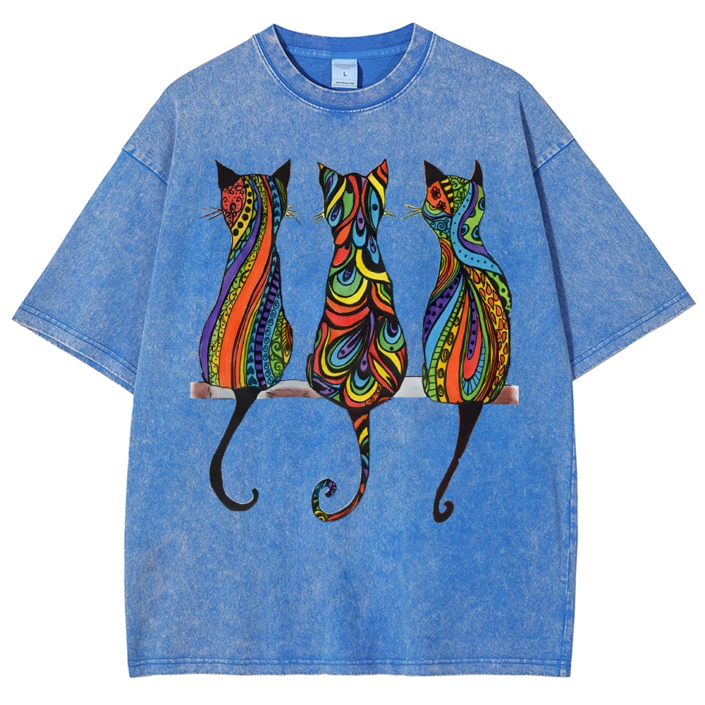 Unisex Colorful Geometric Cat Printed Washed Tee