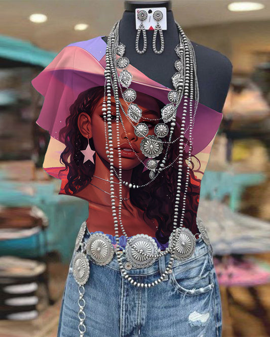One Shoulder Ruffle Sleeve Sunset Cowgirl Print Top