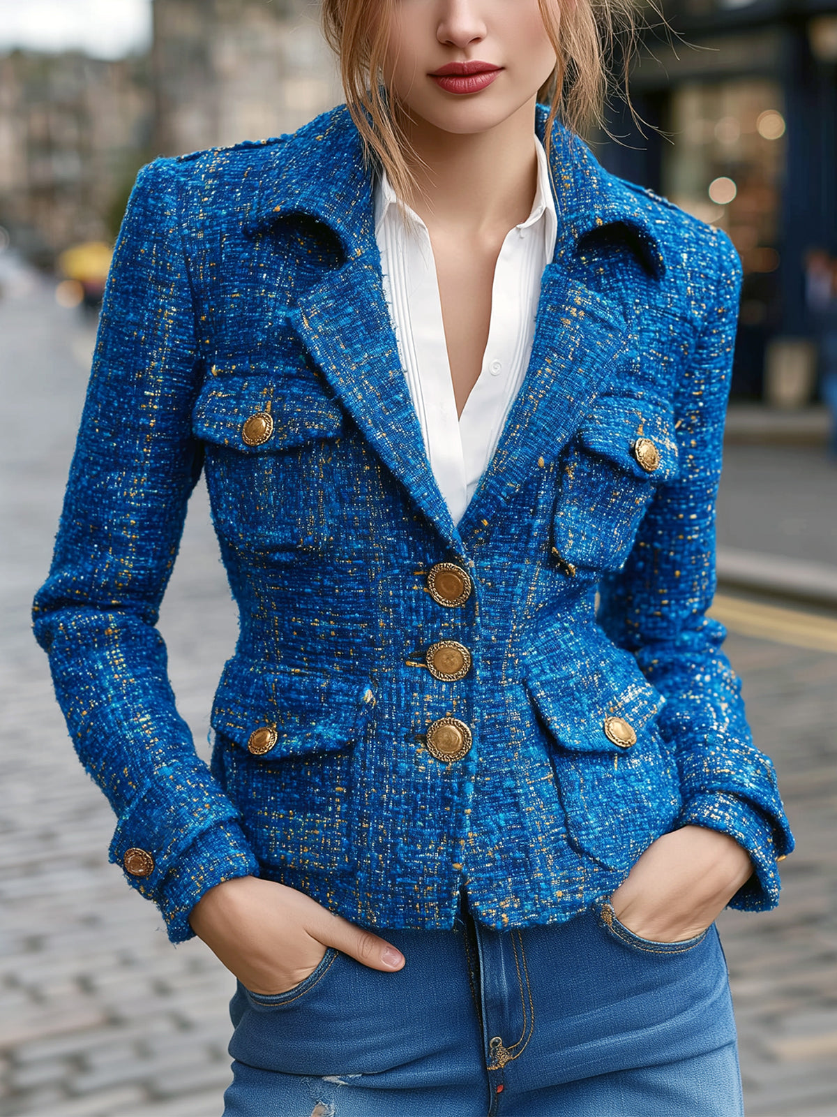 Taidalw Chic Vintage Tweed Lapel Single-breasted Multi-Pocket Tailored Waist Mini Blazer
