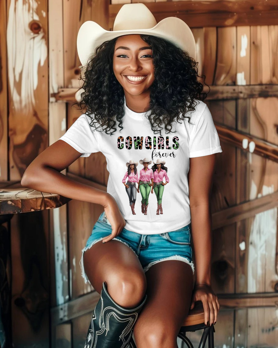 Black Pink Cowgirl 100% Cotton Crew Neck Short Sleeve Tshirt