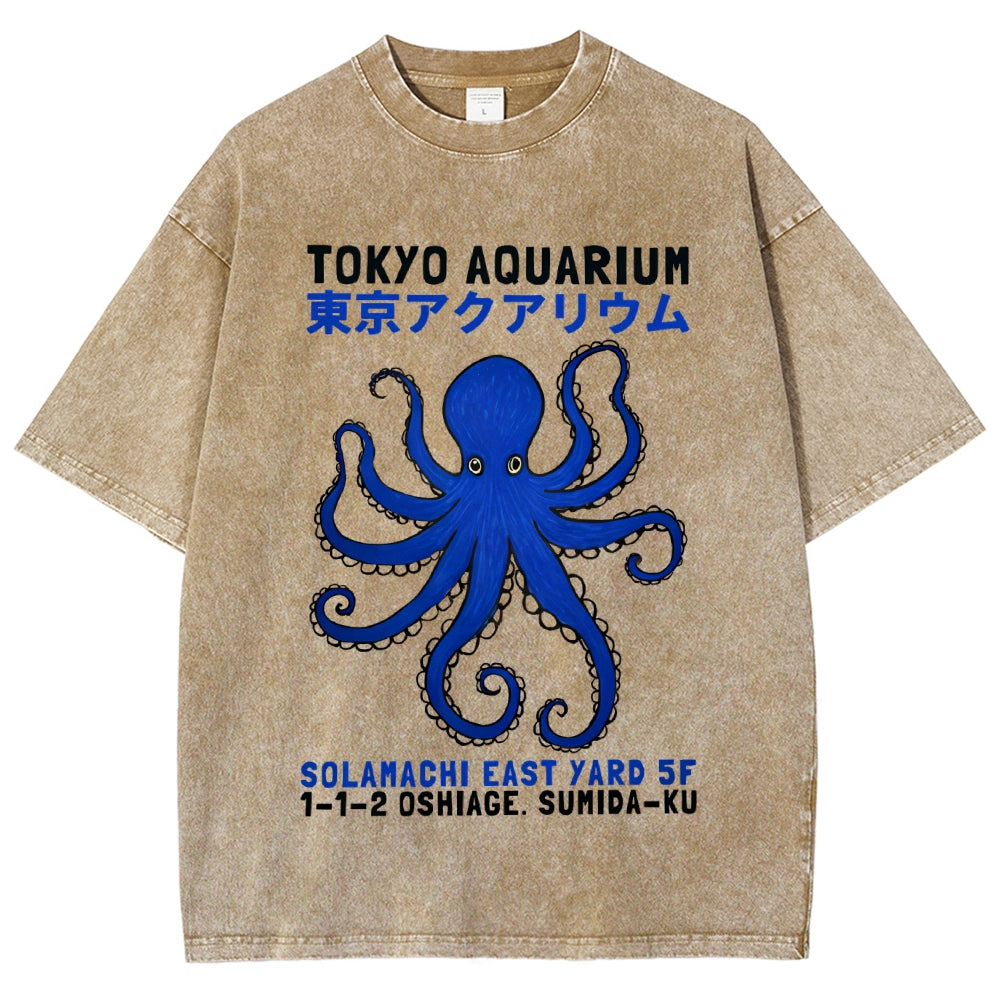 Unisex Japanese Style Octopus Printed Washed Tee