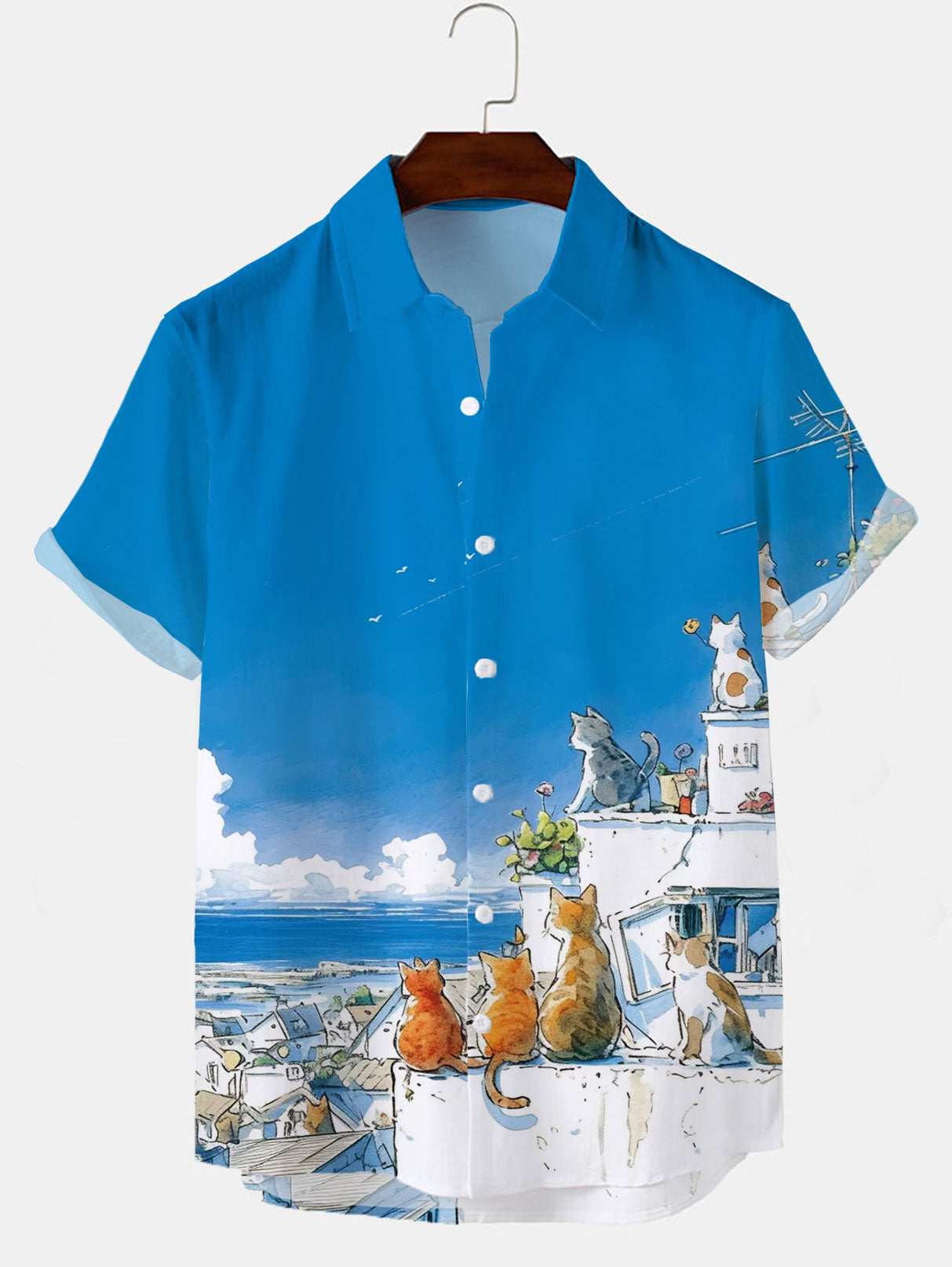 The Waiting Cats Lovely Art Print Casual Short-Sleeved Shirt