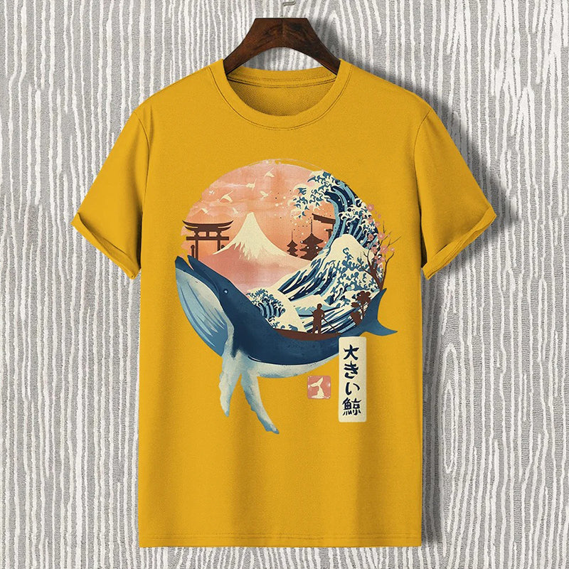 Whale Mount Fuji Ukiyoe Japanese Art Print Cotton Casual T-shirt