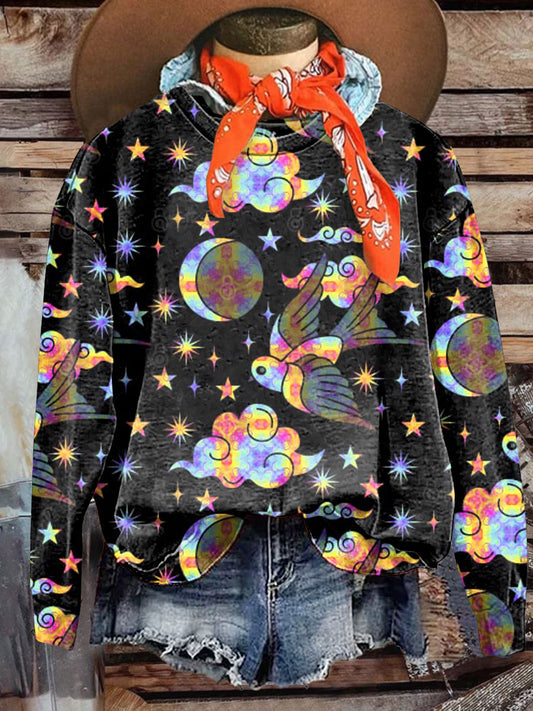 Rainbow Bird in the Night Sky Retro Hippie Casual  Sweatshirt