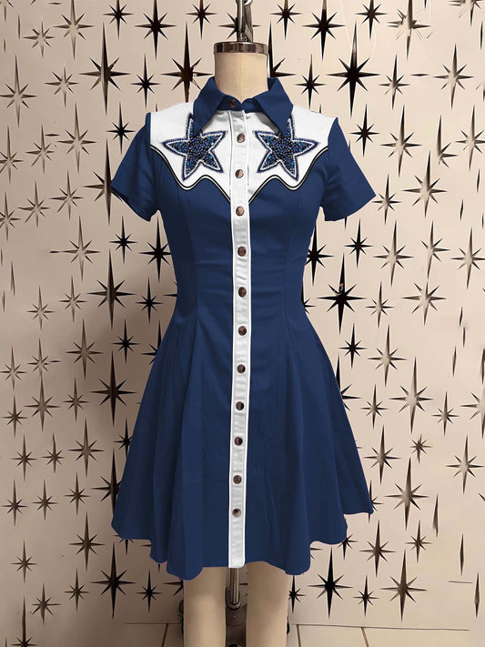 Star Simulated 3D Beaded Embroidery Printed Shirt Dress