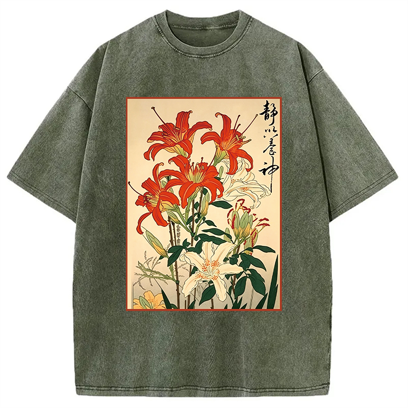 Red And White Lilies Washed T-shirt