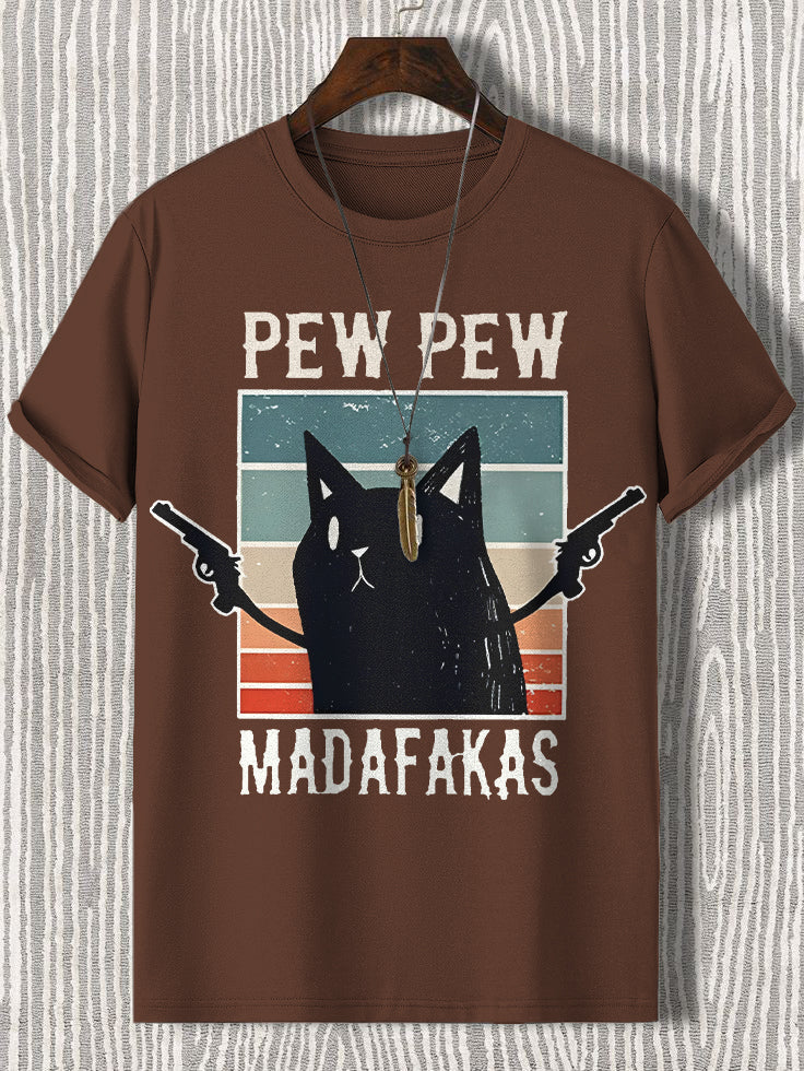 100% Cotton Pew Pew Madafakas Funny Cat Print Casual T-Shirt