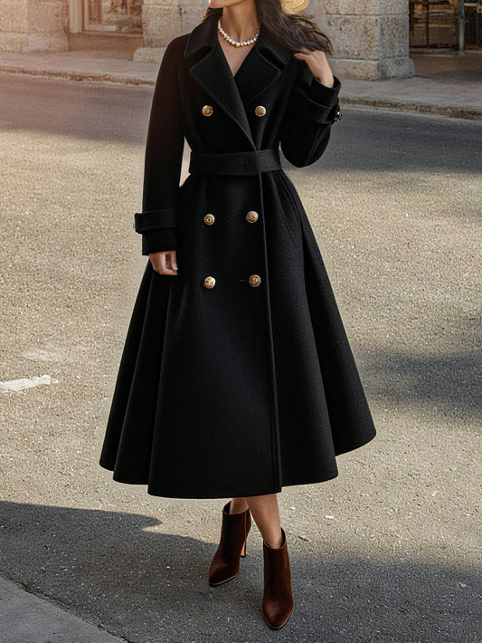 Wool Trench Coat, Long Sleeves, Lapel Collar, Plain, Button Design, Vintage, Black
