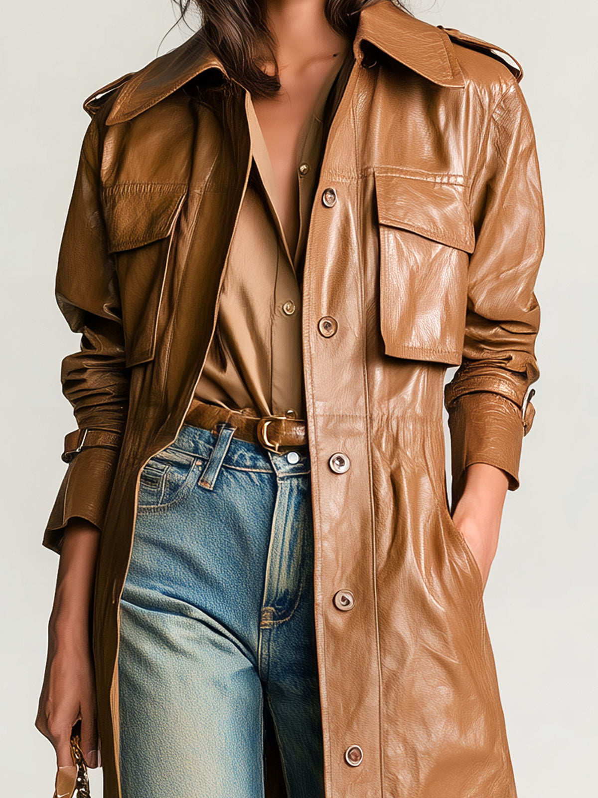 Taidalw Chic Vintage Camel Faux Leather Lapel Single-Breasted Multi-Pocket Long Trench Coat