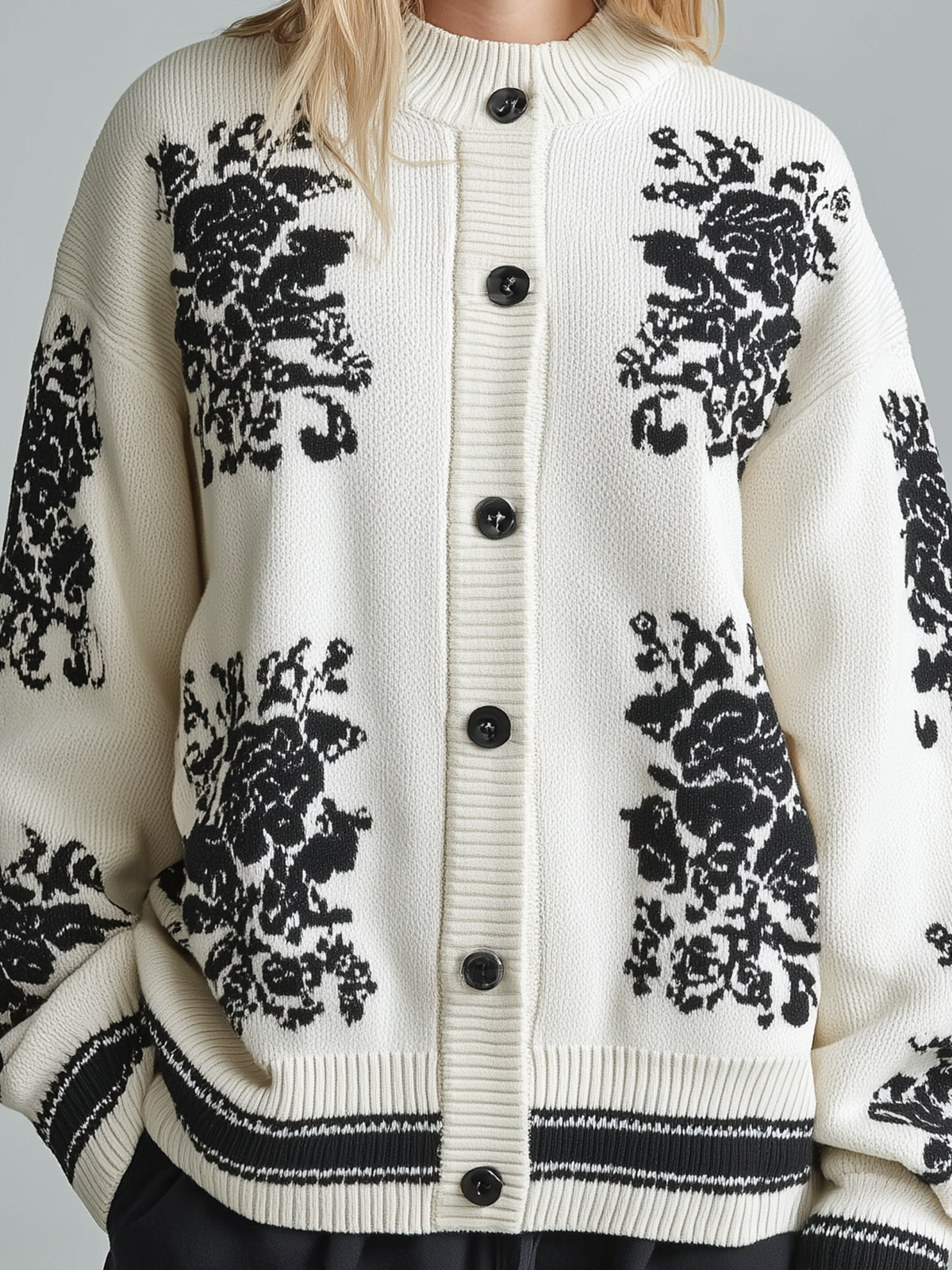 Taidalw Chic Casual White Round Collar Long-sleeved Button Black Pattern Contrast Trim Details Oversized Knit Cardigan
