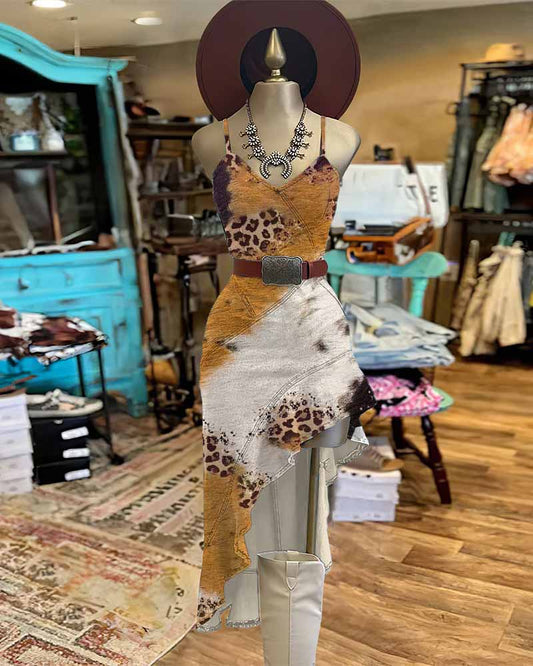 Western Cowboy Animal Patchwork Texture Irregular Ruffle Hem Slim Cami Dress