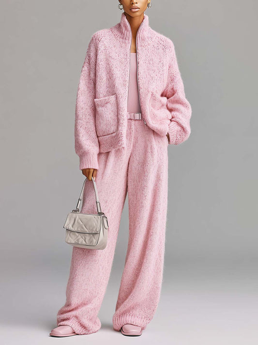 Taidalw Chic Elegant Light Pink Stand-collar Long-sleeved Patch Pocket Zip-up Cardigan Wide-Leg Pants Knit Two-piece Set