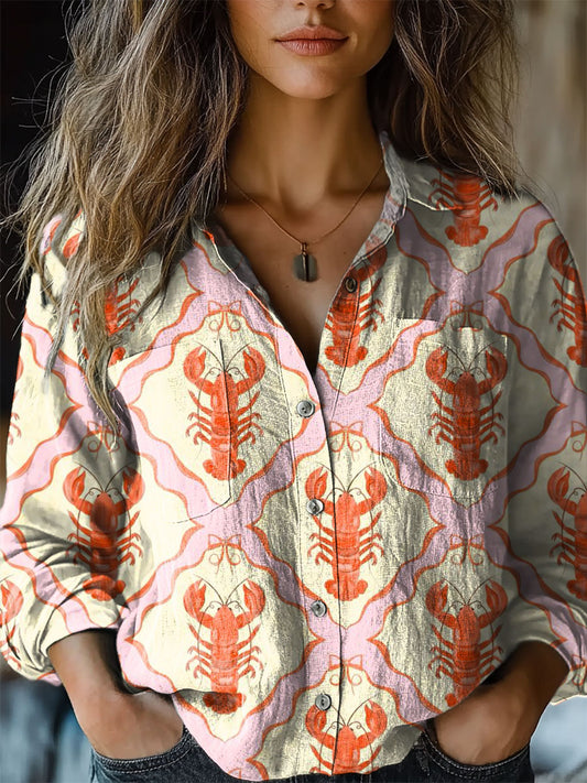 Women's Retro Lobster Print Casual Long Sleeve Comfortable Cotton Shirt