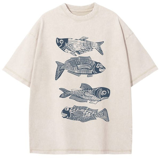 Unisex Fish Printed Washed Tee