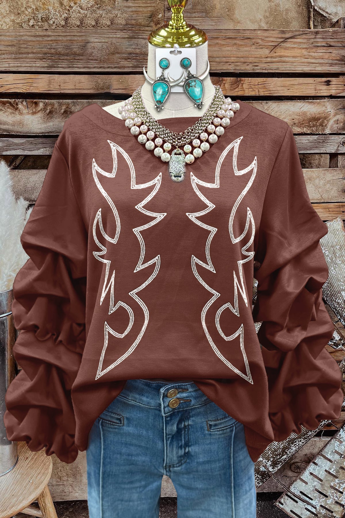 Vintage Western Boot Stitch Embroidered Pleated Top