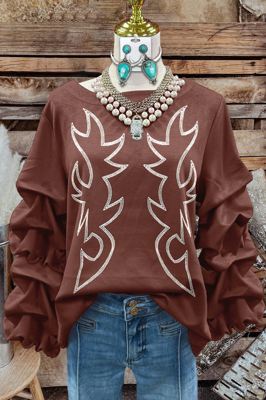 Vintage Western Boot Stitch Embroidered Pleated Top