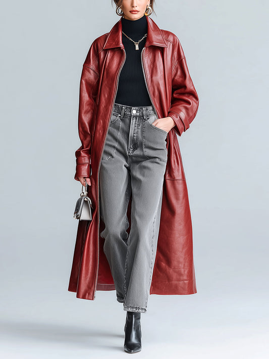 Taidalw Chic Vintage Burgundy Faux Leather Lapel Zipper-Front Long Sleeve Oversized Maxi Trench Coat