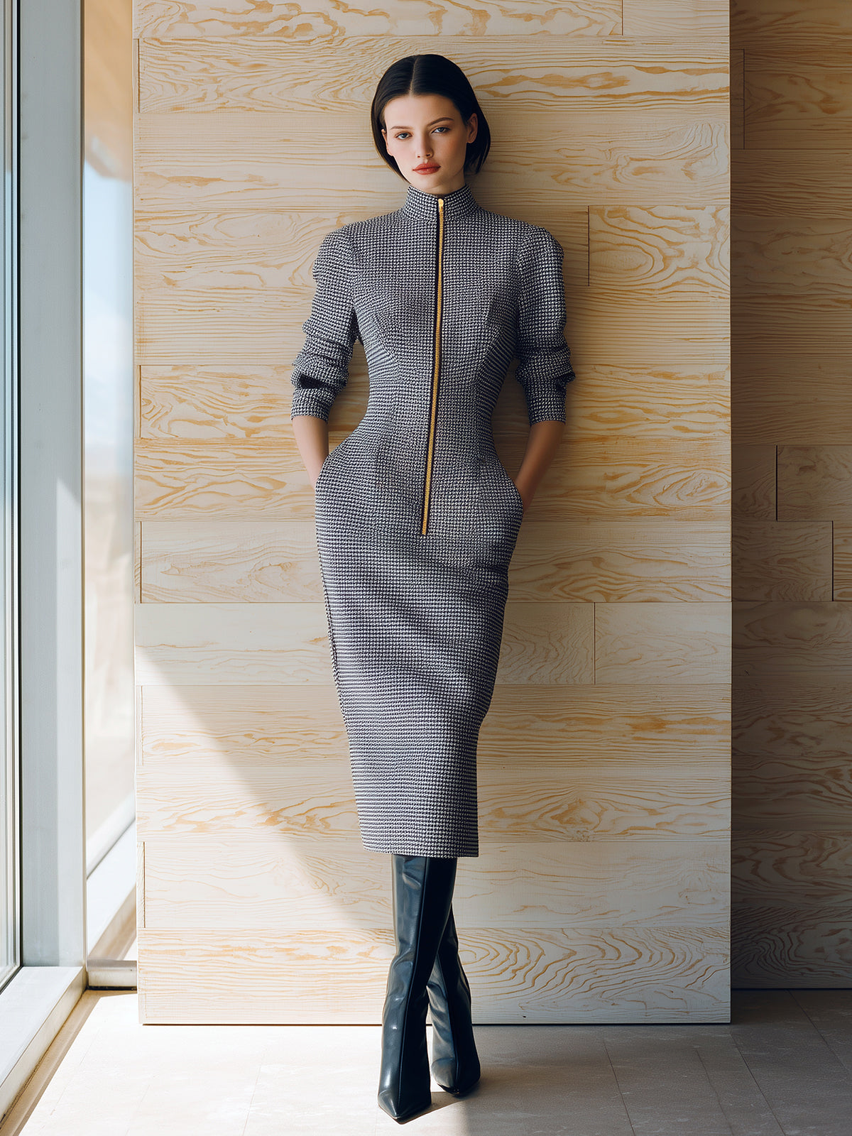 Taidalw Chic Casual Gray Houndstooth Wool Blend Stand Collar Zipper-Front Puff Sleeve Slim-Fit Midi Dress