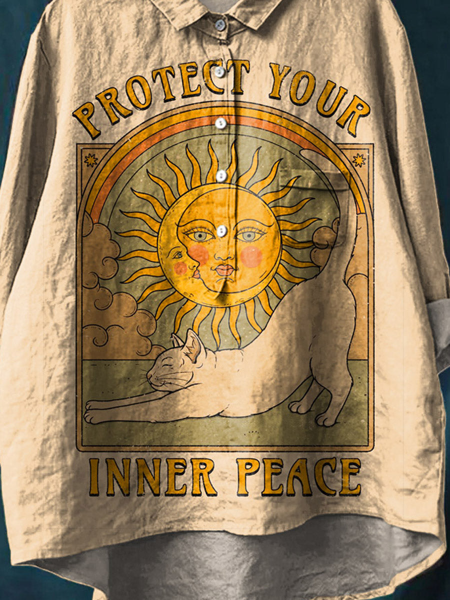 Vintage Protect Your Inner Peace Art Print Casual Cotton And Linen Shirt