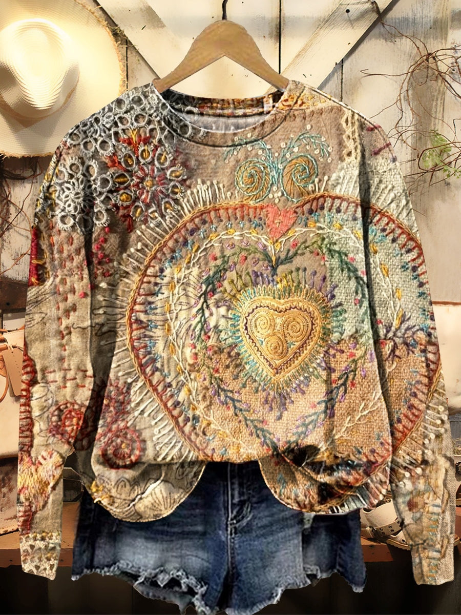 Women's Heart Collage Textured Art Patterns Print Crew Neck Sweatshirt