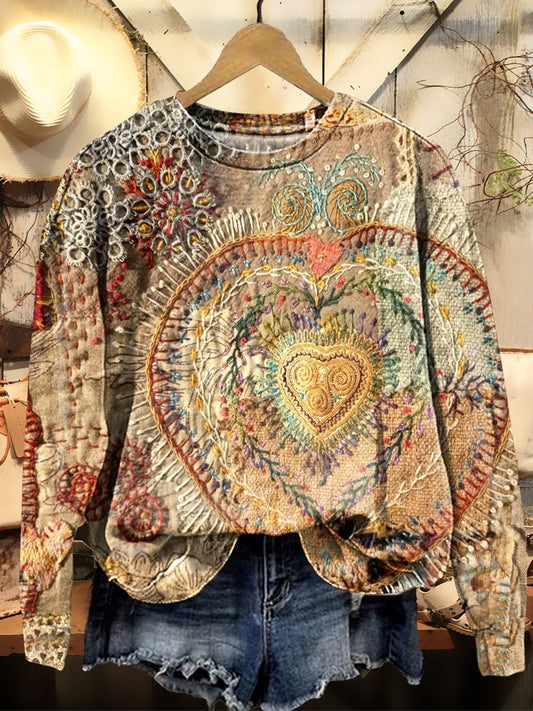 Women's Heart Collage Textured Art Patterns Print Crew Neck Sweatshirt