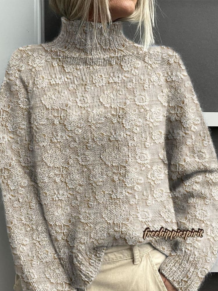 Women's Vintage Lovely Floral Art Print Knit Turtleneck Pullover Sweater