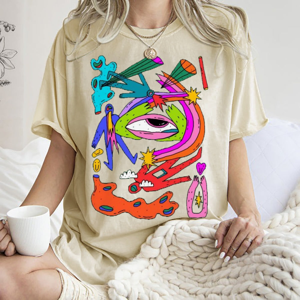 Unisex Abstract Art Eyes Printed Washed Tee