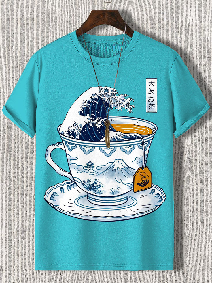 100% Cotton Wave Art In A Teacup Japanese Art Print  Casual T-Shirt