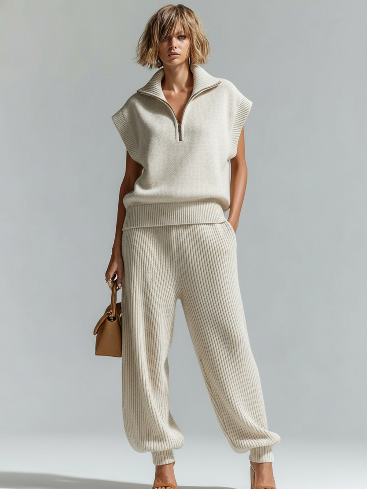 Taidalw Chic Casual White Lapel-Collar Zip-Front Sleeveless Loose Vest Wide-Leg Pants Knit Two-Piece Set