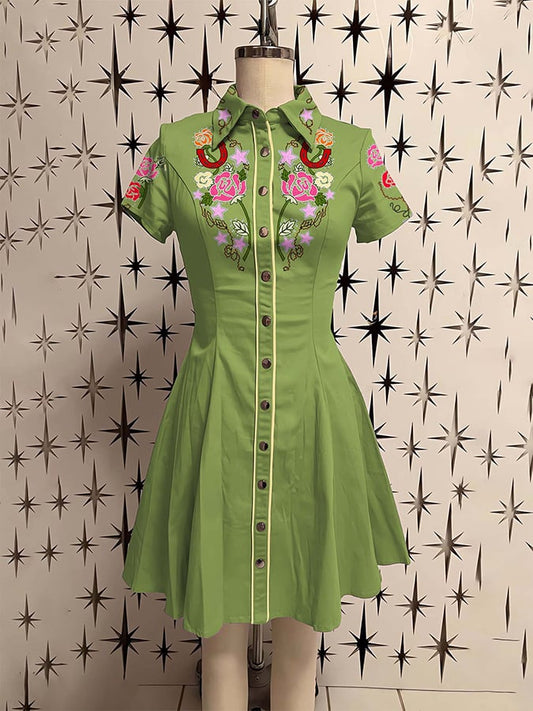 Women'S Western Vintage Flower Print Shirt Dress