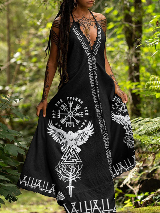 Tribal Viking Bird Tree Of Life Sling Cotton And Linen Maxi Dress