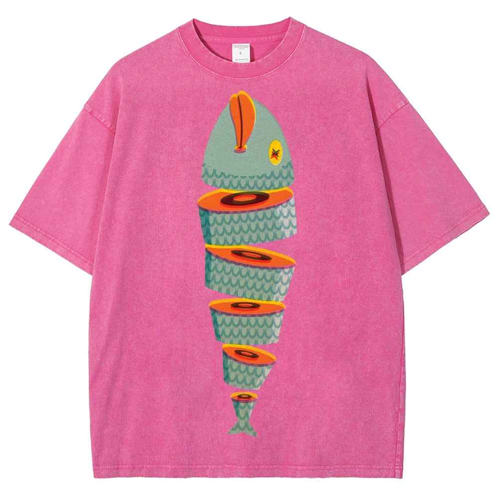 Unisex Fish Printed Washed Tee