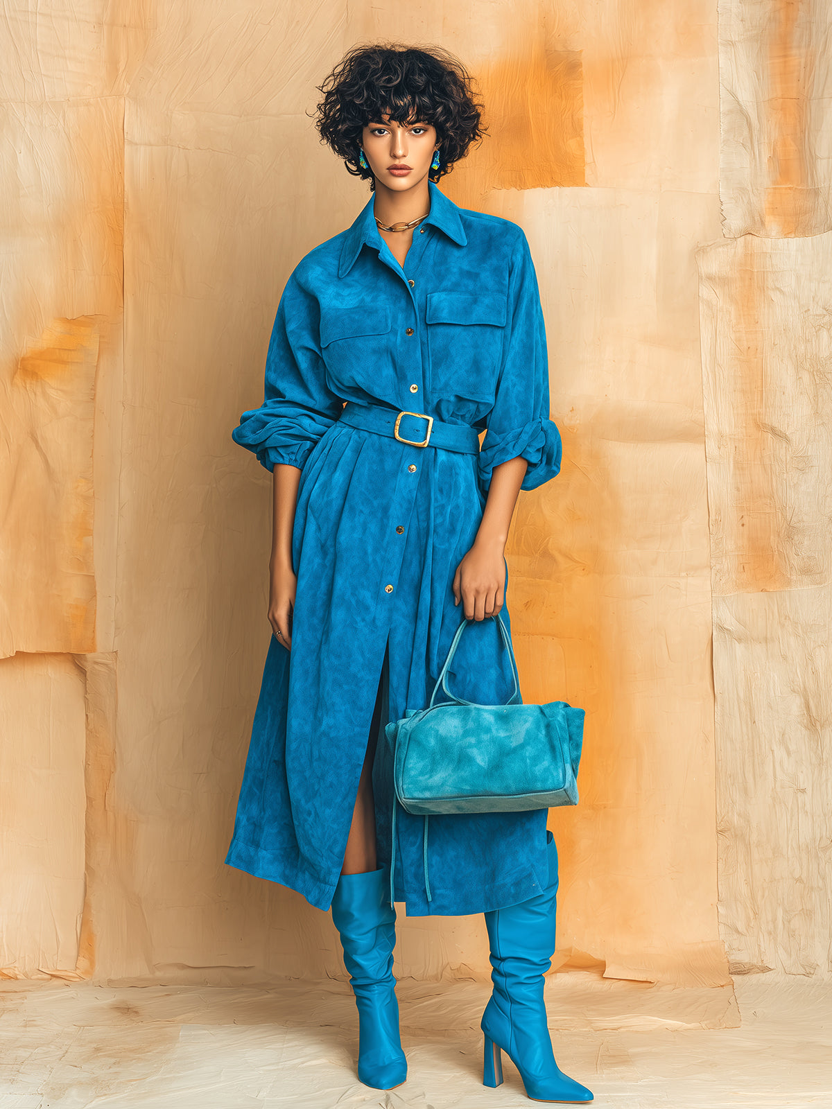 Taidalw Chic Vintage Royal Blue Faux Suede Lapel Single-Breasted Long Sleeve Oversized Belted Maxi Dress