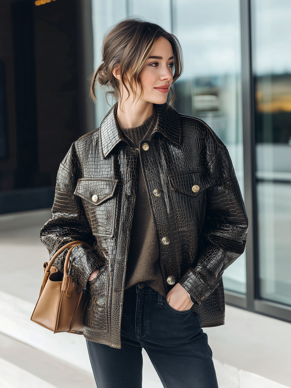 Taidalw Casual Dark Brown Crocodile Embossed Faux Leather Lapel Single-Breasted Utility Pocket Jacket