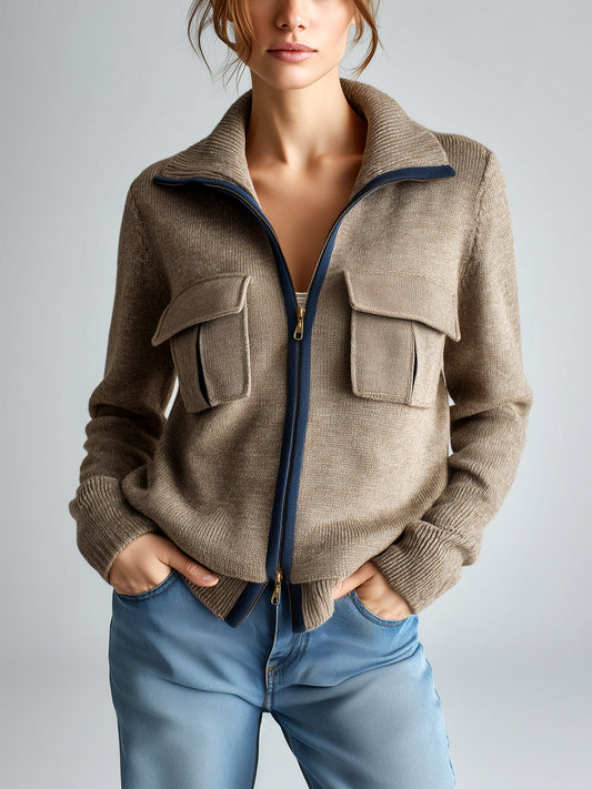 Taidalw Chic Casual Camel Lapel Zipper-Front Chest Pocket Long-Sleeve Loose Knit Cardigan