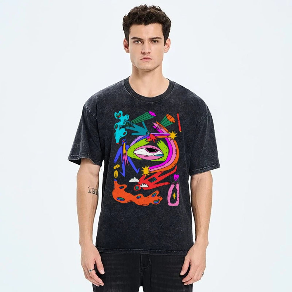 Unisex Abstract Art Eyes Printed Washed Tee