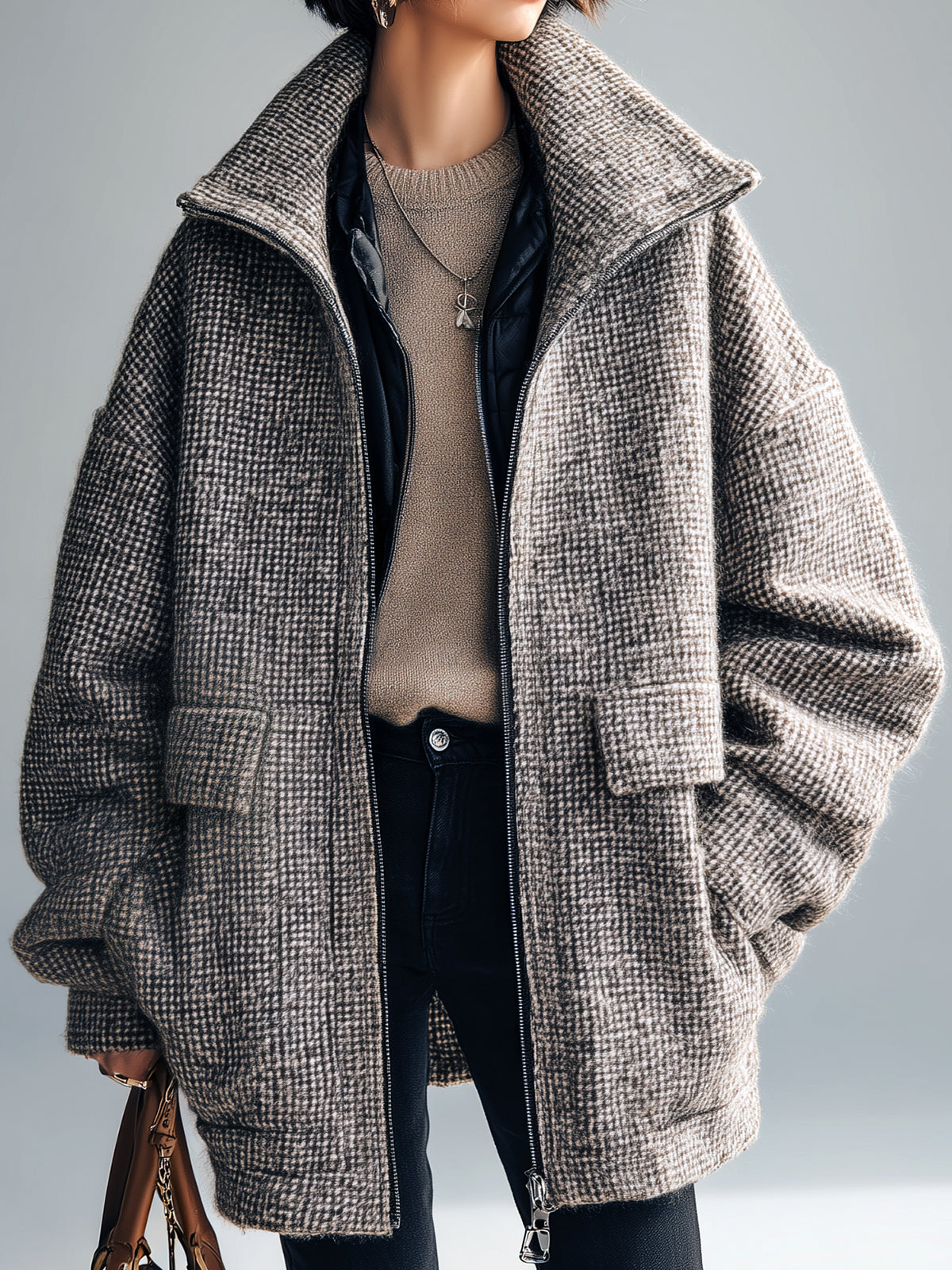 Taidalw Casual Chic Wool Blend Houndstooth Wide Lapel Patch Pockets Oversized Zip-Front Warm Coat