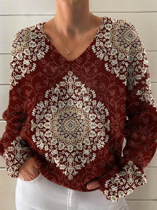 Women's Vintage Ethnic Floral Art Print Casual V-neck Pullover Knit
