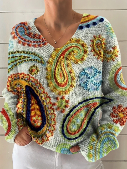 Women's Retro Paisley Floral Art Print Casual V-neck Pullover Knit