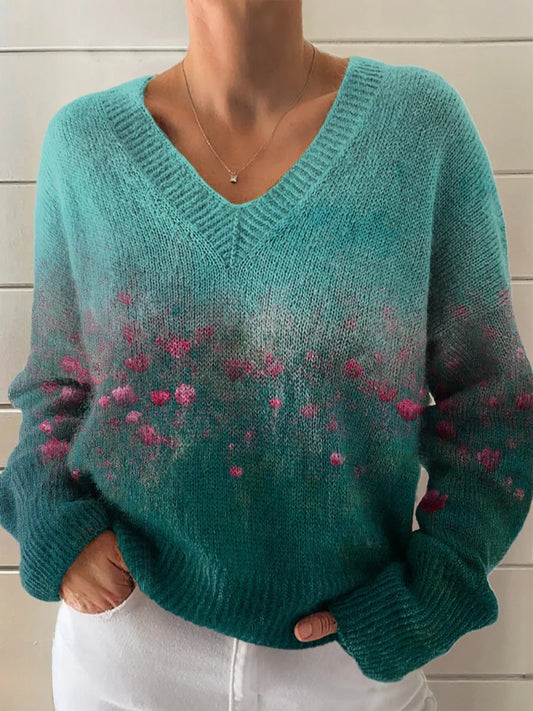 Women's Vintage Floral Art Print Casual V-neck Pullover Knit