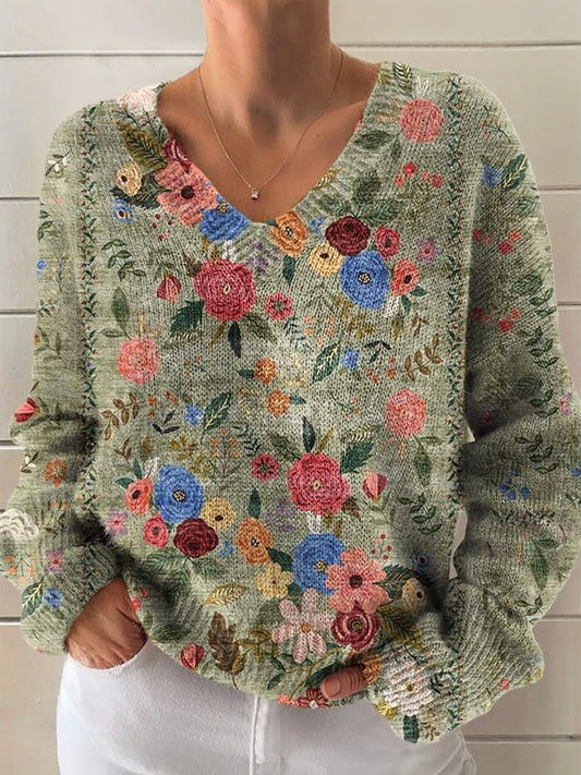 Women's Vintage Floral Pattern Artistic Print Casual V-Neck Knitted Sweater
