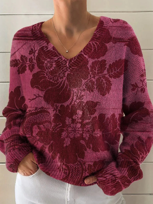 Women's Vintage Floral Pattern Artistic Print Casual V-Neck Knitted Sweater