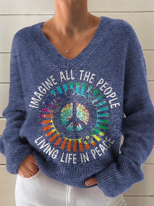 Women's Hippie Imagine All The People Living Life in Peace Print Casual V-neck Pullover Knit