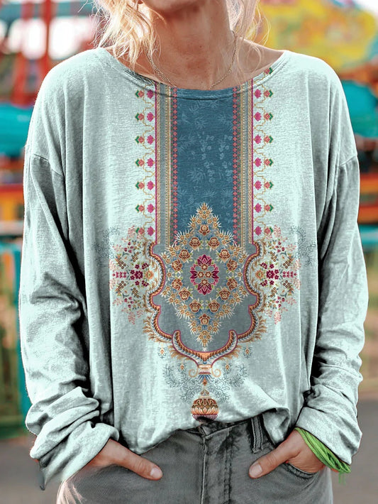 Women's Retro Ethnic Pattern Artistic Print Casual Long-Sleeved T-Shirt