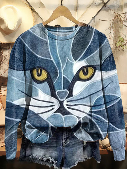 Women's Cat Patchwork Pattern Printed Round Neck Long Sleeve Sweatshirt